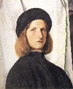 Portrait of a young man against a white curtain, Lorenzo Lotto
